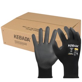 Kebada W1 Safety Work Gloves, PU Coated Touch Screen Work Gloves with Grip, Bulk Pack Working Gloves for Warehouse, Construction, Gardening and Mechanic Use, Black, 50 Pairs, Medium