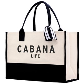 VANESSA ROSELLA Beach Tote Bag Large - Chic Tote Bag for Pool Gym Travel Cruise Picnic Road Trip (Black - Cabana Life)