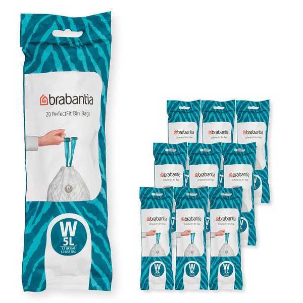 Brabantia PerfectFit Trash Bags (Size W/1.3 Gal) Thick Plastic Trash Can Liners with Drawstring Handles (200 Bags)
