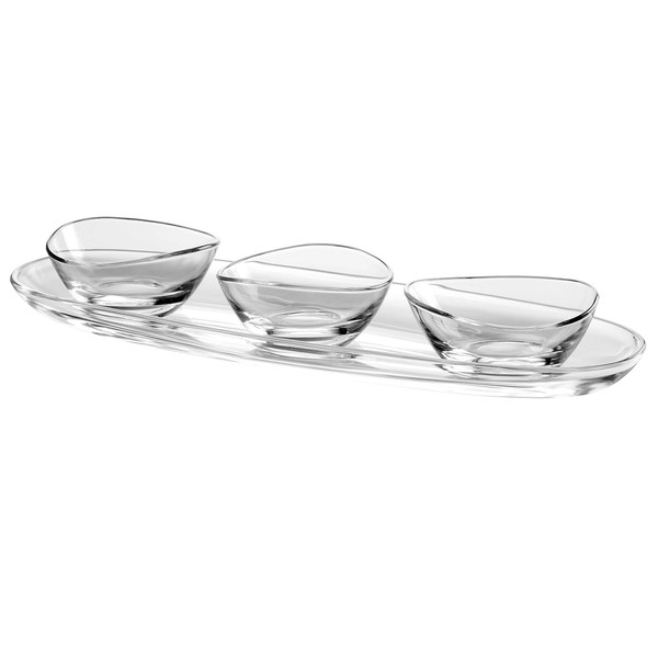 Barski European Glass - Oval - Serving Tray - Platter - 16" Long - with Three Small Bowls - Bowl is 3.9" Diameter - Use it for Appetizer/Snack/Dips - 4 Piece Set - Made in Europe