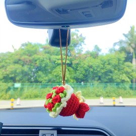 Crochet Bouquet Rear View Mirror Accessories, Handmade Rose Car Mirror Hanging Accessories, Cute Swinging Flowers Charms Car Decoration Interior, Safe for Windshields