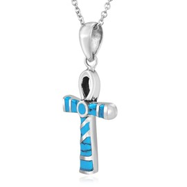 AeraVida Eternal Egyptian Ankh Cross Simulated Turquoise Inlay .925 Sterling Silver Pendant Necklace | Sterling Silver Necklace for Women | Long Necklaces for Women