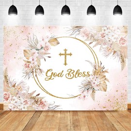 Avezano Boho God Bless Backdrop Baptism Bohemian Pampas Grass Baby Shower Party Decorations Photo Backdrops Boho Floral First Holy Communion Christening Photography Background (7x5ft)