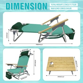 WKFAMOUT Folding Backpack Beach Chair 2 Pack Aluminum 5-Position with Camping Bamboo Table Lay Flat Lounge Chair Outdoor for Adults with Insulated Cooler Bag