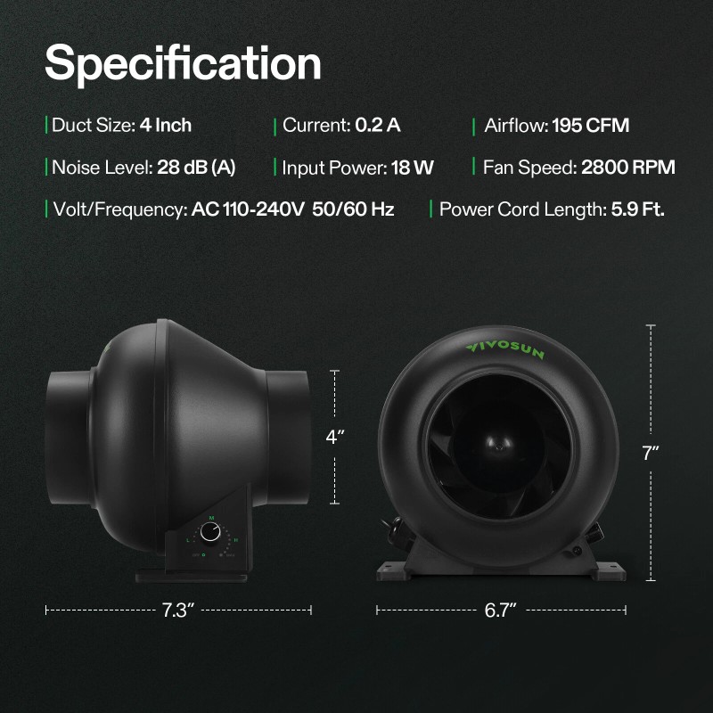 VIVOSUN M4 4" 195CFM Inline Duct Exhaust Fan Vent Blower