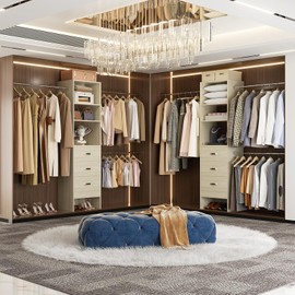 Besiost 96'' Closet Organizer System with 3 Hanging Rods (Without 3 Storage), 8FT Closet Systems, Wall Mount Bedroom Wardrobe with 3 Wood Drawers, Adjustable Garment Rack from 5 to 8FT, White Oak