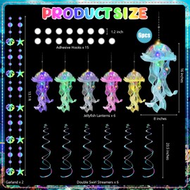 Jellyfish Decor-Mermaid Birthday Decorations & Under The Sea Party Decorations, 6 Pcs Hanging Jellyfish Lanterns 6 Pcs Ceiling Swirl Decorations and 2 Pcs Mermaid Garland for Girls Baby (01)
