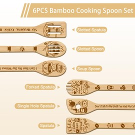 GLOBLELAND 6Pcs Coffee Bamboo Cooking Utensils Wooden Engraved Cooking Spoons Set Carving Kitchen Bamboo Spatula Set Wood Cooking Spoon for Kitchen House Warming Gift