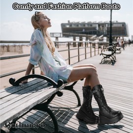 Gothniero Goth Platform Boots Knee High Black Gothic Boots Chunky Heel Holographic Buckles Booties Mid Calf Lace Up Combat Botas for Women 3UK-8UK