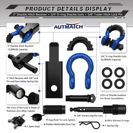 AUTMATCH Shackle Hitch Receiver 2 Inch - 3/4" D Ring Shackle and 5/8" Trailer Hitch Lock Pin, 45,000 Lbs Break Strength Heavy Duty Receiver Towing Kit for Off-Road Vehicle Recovery, Black & Blue