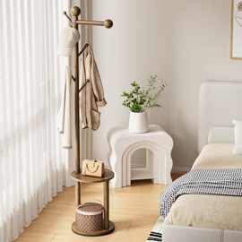 Solid Wood Rotary Coat Rack, Freestanding 360° Swivel Coat Rack with Heavy-Duty Base, 8 Hooks & 2-Tier Shelves for Entryway, Bedroom, Office, Standing Coat Tree for Jackets, Hats, Bags (Walnut)