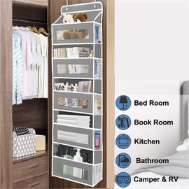 Micithys Over the Door Organizer with 5 Large Capacity Clear Window and 5 Mesh Side Pockets,Anti Tilt Load 44 lb One-piece Hanging Storage Bag for Bedroom,Bathroom,Kitchen,Pantry(Gray)