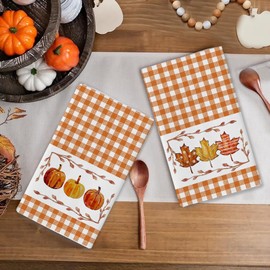 RABUSOFA Orange Buffalo Plaid Leaves Pumpkin Fall Kitchen Towels Dish Towels, 18x26 Inch Farmhouse Decoration Hand Towels Set of 2