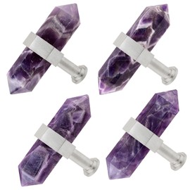 moonsix Pack of 4 Double Pointed Hexagonal Drawer Handles Silver Crystal Stone Knobs with Screws for Kitchen Cabinet Dresser Decor, Amethyst