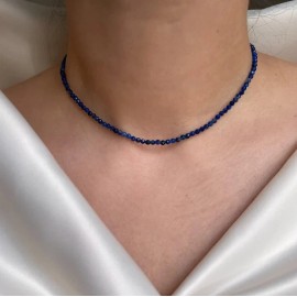 SA Natural Blue Sapphire Choker Round Tiny Beads Healing Energy Dainty Necklace