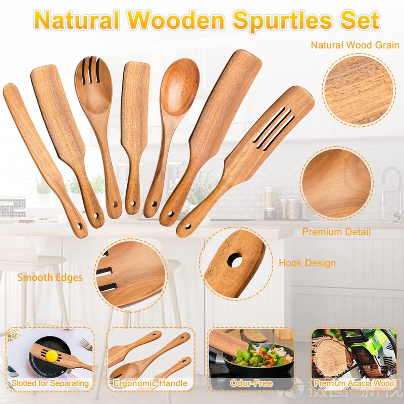 Spurtles Kitchen Tools Wooden, 7Pcs Wooden Spoons for Cooking, Natural