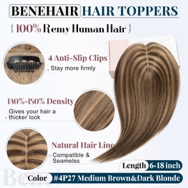 Benehair Hair Topper Human Hair Remy Human Hair Topper with Silk Base Topper One Piece Realistic Clip in Topper Hair for Women 10 Inch #4P27 Medium Brown&Dark Blonde 33 Gram