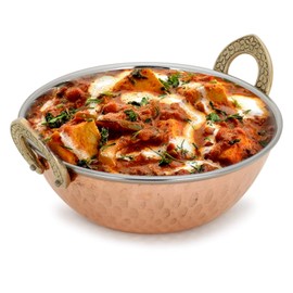 Zap Impex Indian Serving Dish, Copper and Hammered Stainless Steel Karahi for Indian Dishes and Serving Pieces 2-Pieces Set, 15 cm Diameter Silver 43235-105361