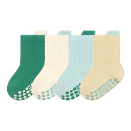 Dioshark Baby Anti Slip Socks, 4 Pairs Boys Girls Crew Socks Green Yellow White Cotton Warm Toddler Anti Skid Grip Socks Unisex Winter Aumtun Spring Colorful Socks for Infant Children Age 6-12 Months