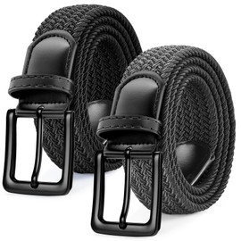SANSTHS 2Pack Elastic Belt for Men, Mens Belts Casual for Jeans Pants, Woven Braided Web Belt for Golf, 1.3 inches Width, Black and Grey S