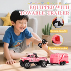 hehred Mini RC Truck,1:64 Scale Monster Truck Remote Control Car with Lights, 2.4Ghz Remote Control RC Car and Trailer, Speed and Steering Adjustable (Pink)