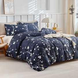 Lekesky Blue Single Duvet Cover Set Floral Flowers Printed Single Bedding Sets Blue (1x Duvet Cover, 1x Pillowcase) Microfiber Single Duvet Cover 135x200 cm, Dark Blue