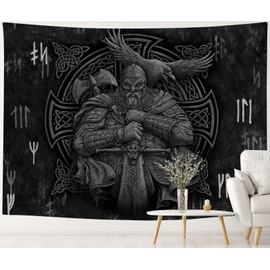 Arsey Viking Decorative Tapestry Nordic Mythology Odin Warrior Sword Axe Raven Cross Knot Tattoo Meditation Runes Wall Towel Tapestry Living Room Bedroom Grey 200 cm x 150 cm