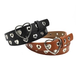HSAJS Women's Belt 2 Pieces Punk Belt Fashion Heart Belt Cutout Design with Silver Metal Buckle Punk Leather Belt Suitable for Jeans and Other Everyday Wear Women's Gifts, Black/Camel