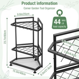 Lovind Garden Tool Organizer for Corner,Metal Yard Tool Organizer for Long-Handled Tools/Rakes/Brooms,Side Garden Pocket,Heavy Duty Steel Yard Tool Storage Rack for Garage,Shed, Outdoor