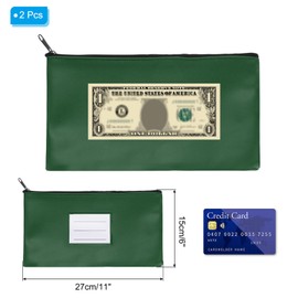 PATIKIL 11x6 Money Bank Deposit Bag with Zipper, 2 Pcs Leatherette Coin Check Wallet Pen Pouch Bag with Clear Window for Office Travel, Dark Green