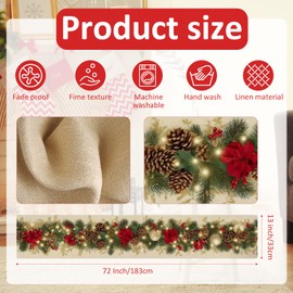 Christmas Table Runner Poinsettia & Pinecones,Linen Kitchen Xmas Table Runners for Dining Table Decor, Seasonal Winter Indoor Outdoor Home Party Decor 13x72 Inch