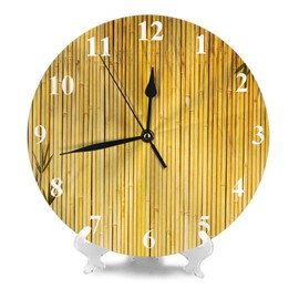 Moslion Bamboo Clock Chinese Japanese Style Bamboos Stripe with Botanical Leaves Branch Plant Wood Round Wall Clock Silent Non Ticking Rustic Home Decor 10 Inch for Kitchen Bathroom Office Yellow