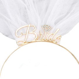 BAHABY Bride Headband with Veil Bachelorette Party Decorations Bride to Be Headpiece Bride Tiara Hair Decoration for Engagement Party Bridal Shower (Gold)