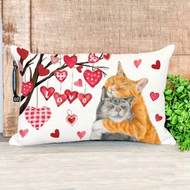 AOFANGGO Happy Valentine's Day Pillow Cover 12x20 Inch Hugging Cats Pillow Case Lover's Gift Romance Holiday Pillowcase Decorations for Living Room Farmhouse Cushion Rectangle