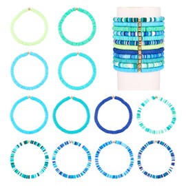 Sparkeads Heishi 12 Pieces Bead Bracelets for Women Stretch Polymer Clay Preppy Bangle Blue Stackable Jewelry Boho Summer Beach Bracelet, No Gemstone
