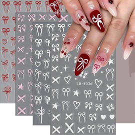 Bow Nail Art Stickers Decals Valentine's Day Nail Stickers 5D Self Adhesive Pink White Red Bow Stickers for Nails Embossed Love Star Designs Nail Art Supplies for Women DIY Manicure Accessories 4PCS