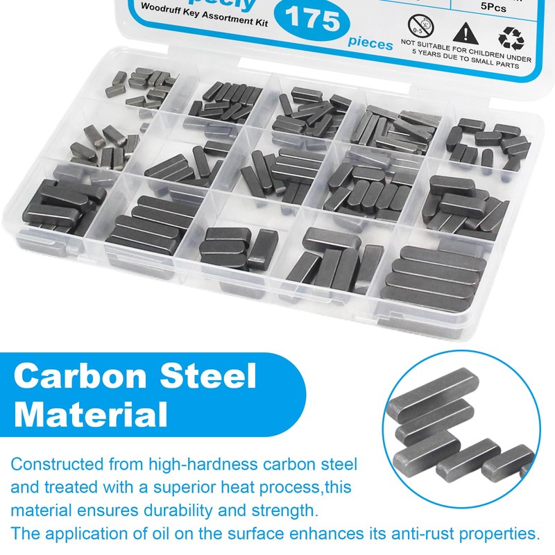 175pcs Woodruff Key Stock Assortment, 15 Size Popular Sizes Carbon