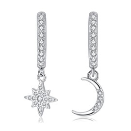 Zolkamery Dangle Hoops Earrings, 925 Sterling Silver Hoop Earrings for Women Girls, Hypoallergenic Huggie Drop Earrings with Moon Star Pendant, Fashion White Gold Plated Zirconia Hanging Earrings