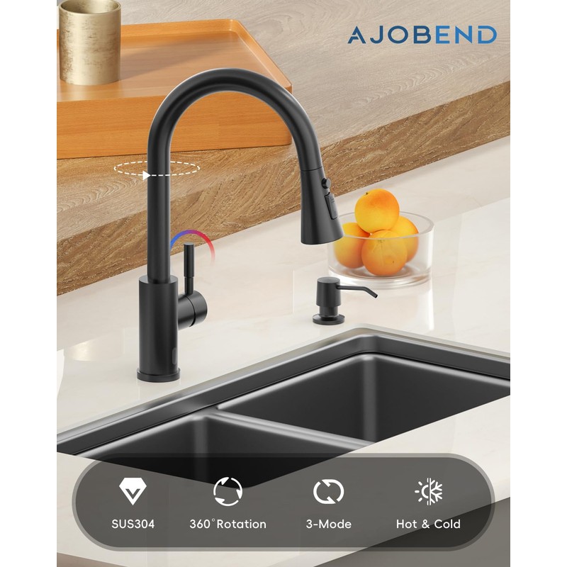 AJO BEND Touchless Matte Black Kitchen Sink Faucet with Pull