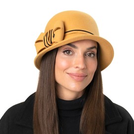 LIERYS Vivien Wool Bell Hat - Plain Hat Made of 100% Wool - Winter Hat with Stretch Lining Band - Felt Hat with Bow - Made in Italy - Women - Autumn/Winter, mustard, Unit size