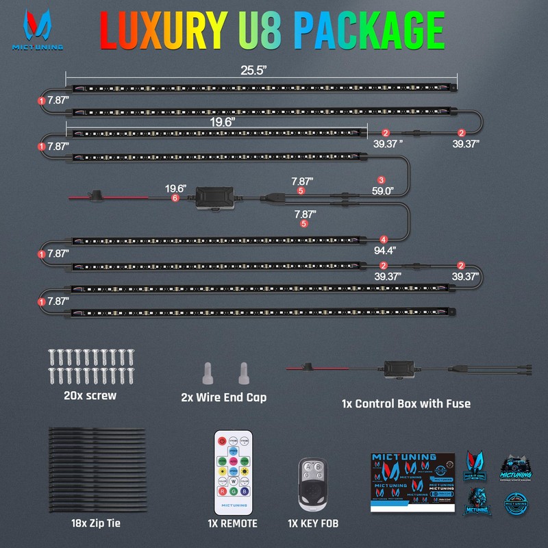 MICTUNING U8 RGB Underglow LED Light Bar, Dual Remote Control,