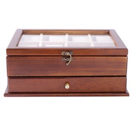 SHZICMY 8 Slot Wood Watch Box with Valet Drawer, Vintage Watch Case Display Organizer with Pillows, Soft Flocked Fabric Liner, 2-Tier Jewelry Organizer Watches Holder With Large Glass Top(Brown)