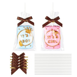 RomanticBaking 50 Sets Clear Rice Krispie Treat Bags with Brown Ribbon Bow and Stick & Flat Cellophane Clear Bags for Rice Krispie Treats Gift Giving Bag(Gold)