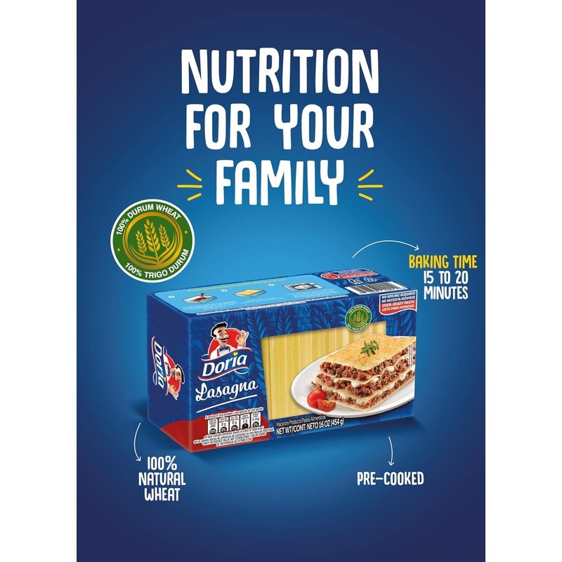 Doria Lasagna, Pasta with Durum Wheat Semolina, 16 oz (Pack
