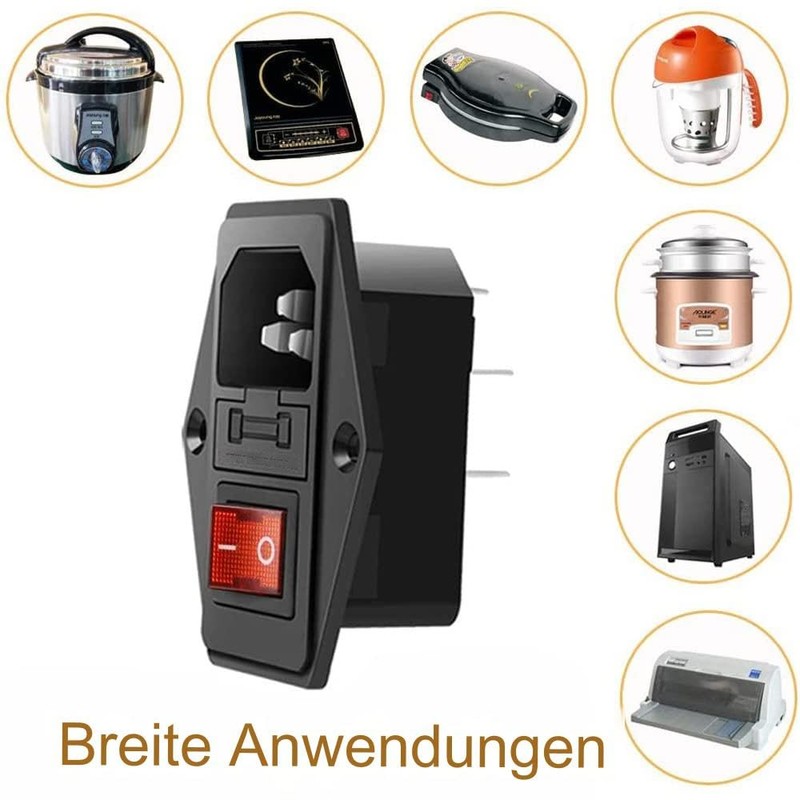 IEC Built-in Socket C14, with Black Switch and Fuse, 3-Pin