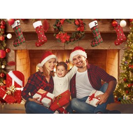 Avezano 2.5x1.8m Large Christmas Fireplace Backdrop Xmas Trees Socks Gifts Photo Background Christmas Dinner Family Party Decorations Banner