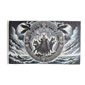 Pandiui23 Decorative House Flag for Yard, Norse Viking Runes Print Two Wolves Welcome Yard Flag Hanging Lawn Decoration 3x5ft 90x150cm