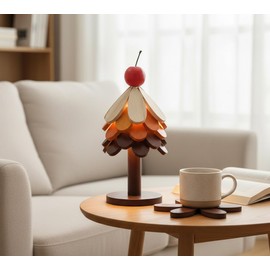 4 Sets in Wooden Apple Tree Trivets for Hot Dishes, Christmas Apple Tree Shape Table Decorations with 4 Piece of Hot Pot Pans, Walnut Wooden Coasters for Hot Soup Coffee Bowls Teapots,Table Decor