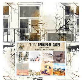Decoupage Paper Pack (24 Sheets 6"x6") City Windows Roofs and Scrapes FLONZ Vintage Styled Seamless Pattern Paper for Decoupage, Craft and Scrapbooking