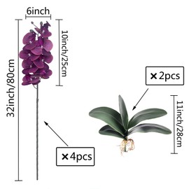 FagusHome 32" Artificial Phalaenopsis Flowers 4 Pcs with 2 Bundles Leaves Artificial Orchid Flowers Stem Plants Fake Butterfly Phalaenopsis Flowers for Home Wedding Party Décor (Purple Piebald)